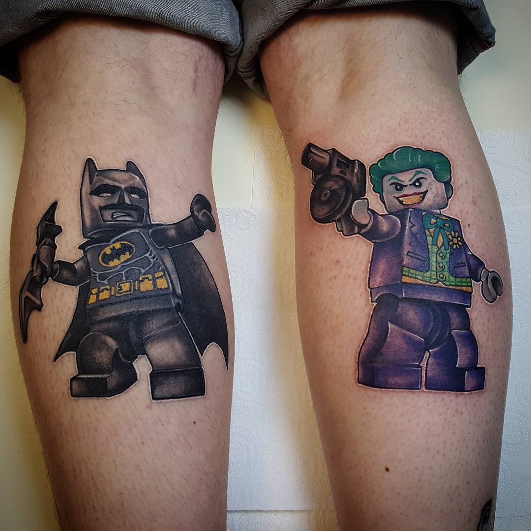 Lego Batman and Joker Leg Tattoos created by Jack Bishop of Ink Bishop Welwyn Garden City