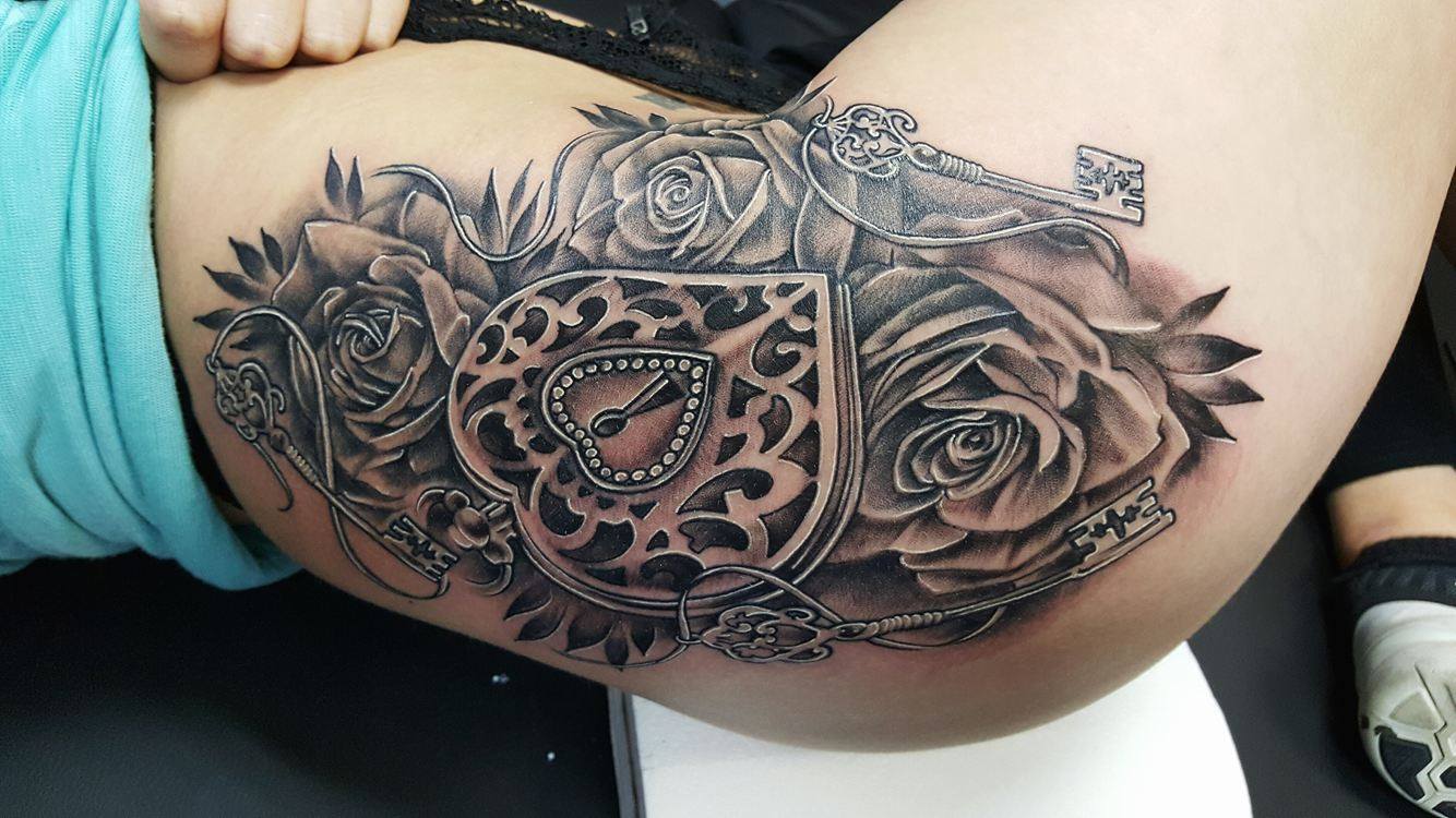 Rose, Locket and Key Tattoo by Ink Bishop Welwyn Garden City Bladez